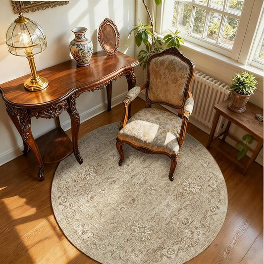 4x4 Round Bedroom Rug Washable: Round Area Rug Stain Resistant Boho Rug Non Slip Low Pile Small Carpet for Living Room Bedroom Kitchen Entryway Bedside Office Dorm Kids Room Entrance