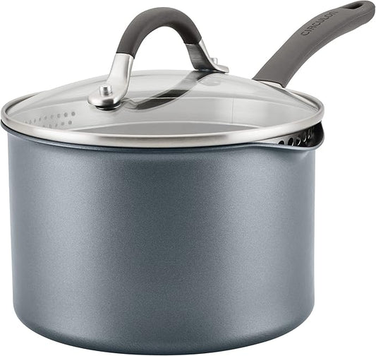Circulon A1 Series with ScratchDefense Technology Nonstick Induction Straining Sauce Pan with Lid, 3 Quart, Aluminum, Graphite