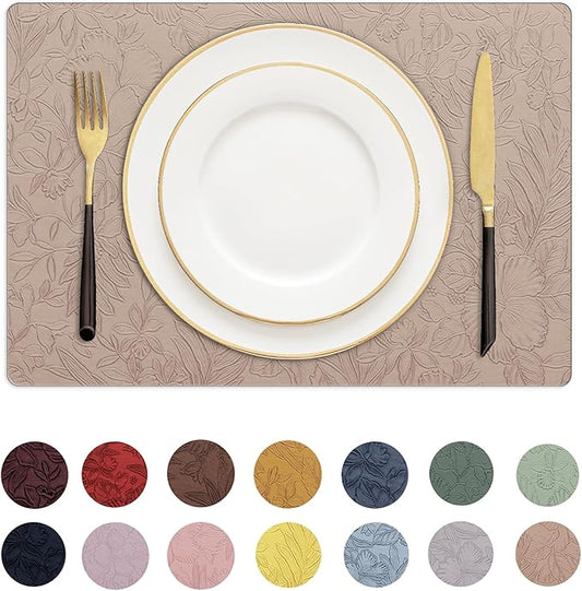 Romanstile Vinyl Placemats Set of 6-12 X 17 Inch - Heat Resistant Non-Slip Embossed Floral Place Mats 100% Waterproof Oilproof Wipeable Faux Leather Table Mats for Kitchen/Dining/Party, Khaki