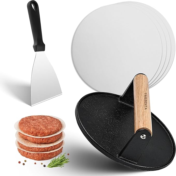 3-in-1 Cast Iron Smash Burger Press, 7.2'' Pre-Seasoned Cast Iron Hamburger Smasher, Grill Bacon Meat Press Tool Heat Resistant Burger Smasher for Griddle, Food, Chef