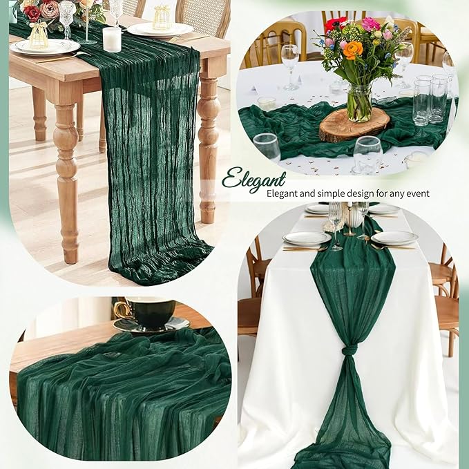 4 Pack Pack Dark Green Cheesecloth Table Runner 10Ft, Christmas Table Runner 21.5 X 120 inch, Semi Sheer Cheese Cloth Fabric Boho Table Runner Bulk for Christmas Decorations,Bridal Shower,Wedding