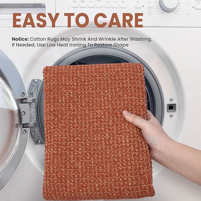 EARTHALL Woven Runner Rug 2x5 Ft Washable Runners for Hallways Cotton Non Slip Rubber Backed Kitchen Runner Braided Indoor Floor Carpet for Entryway, Hallway, Kitchen, Bedroom, Rustic Orange/Tan