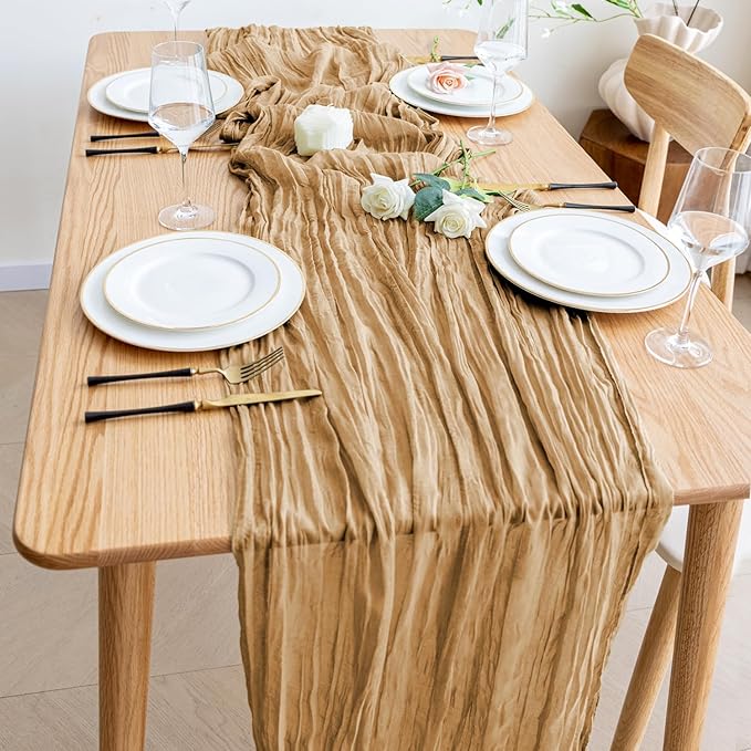 Wokceer Cheesecloth Table Runner 6Pack 10FT Khaki Boho Gauze Cheese Cloth Table Runner for Party Long Rustic Sheer Table Runners for Baby Bridal Shower Wedding Easter Table Decor