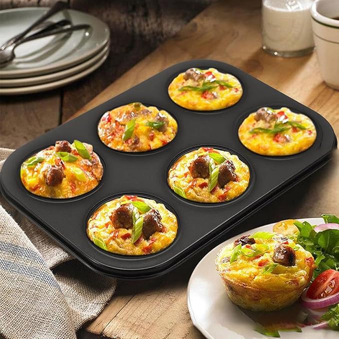 2 Packs 6-Cup Muffin Baking Pan Tin, Small Round Muffin Tin, Nonstick Cupcake Pans, Cheesecake Pans, Carbon Steel, Black