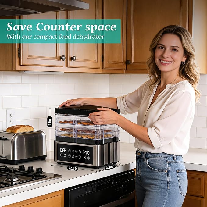 Food Dehydrator, One-Touch Dehydrator with Automatic Temperature Control 5 BPA-Free 11.4" Trays, Dehydrated Dryer for Jerky, Dog Treats, Herbs, Meat, Fruit, and Yogurt