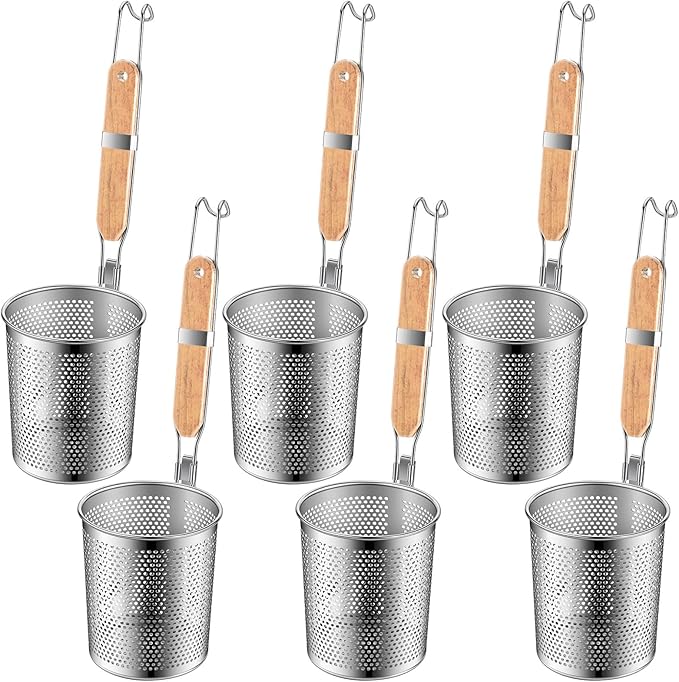 Tessco for you 6 Pcs Stainless Steel Pasta Basket with Wood Handle Pasta Strainer Kitchen Mesh Spider Noodle Strainer Skimmer Food Dumpling Noodle Blanching Basket(4.7 Inch,Light Wood Color)
