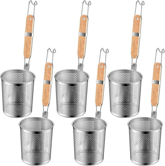 Tessco for you 6 Pcs Stainless Steel Pasta Basket with Wood Handle Pasta Strainer Kitchen Mesh Spider Noodle Strainer Skimmer Food Dumpling Noodle Blanching Basket(4.7 Inch,Light Wood Color)