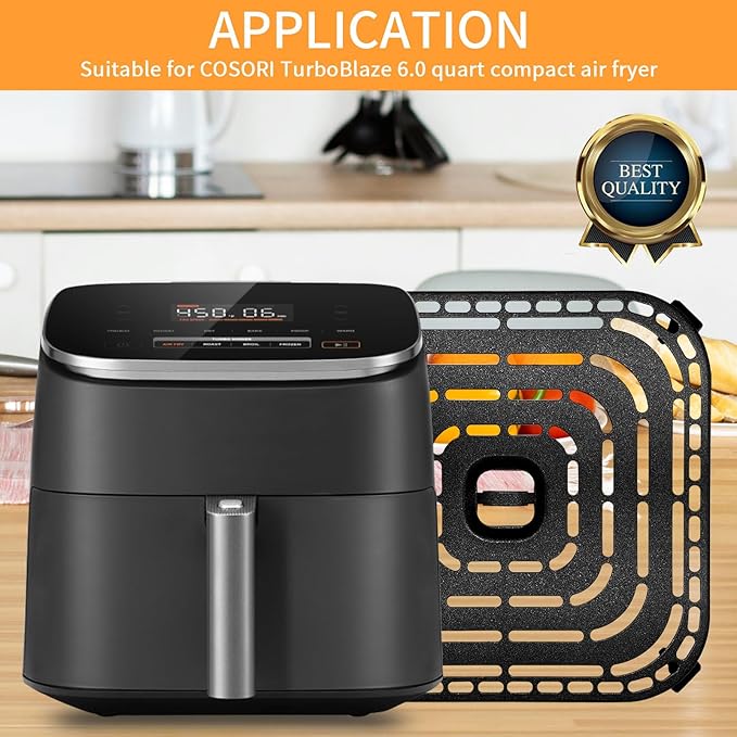 Air Fryer Grill Pan for COSORI Air Fryer TurboBlaze 6 Qt, Non-Stick 8.9’’*8.9’’Square Air Fryer Rack Replacement Parts Accessories Grill Plate Crisper Plate Tray with Rubber Bumpers, Dishwasher Safe
