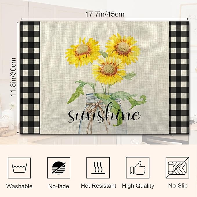 Buffalo Plaid Sunshine Sunflower Placemats, Resistant Place Mats Kitchen Decor Dining Decoration for Party, Sunflower Kitchen Decor Placemats Set of 4-03