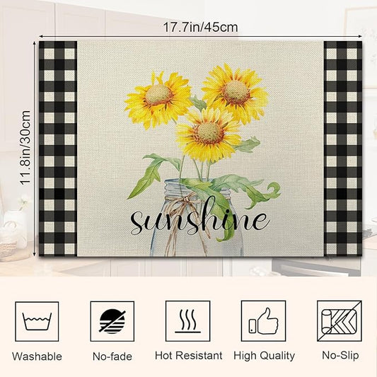 Buffalo Plaid Sunshine Sunflower Placemats, Resistant Place Mats Kitchen Decor Dining Decoration for Party, Sunflower Kitchen Decor Placemats Set of 4-03