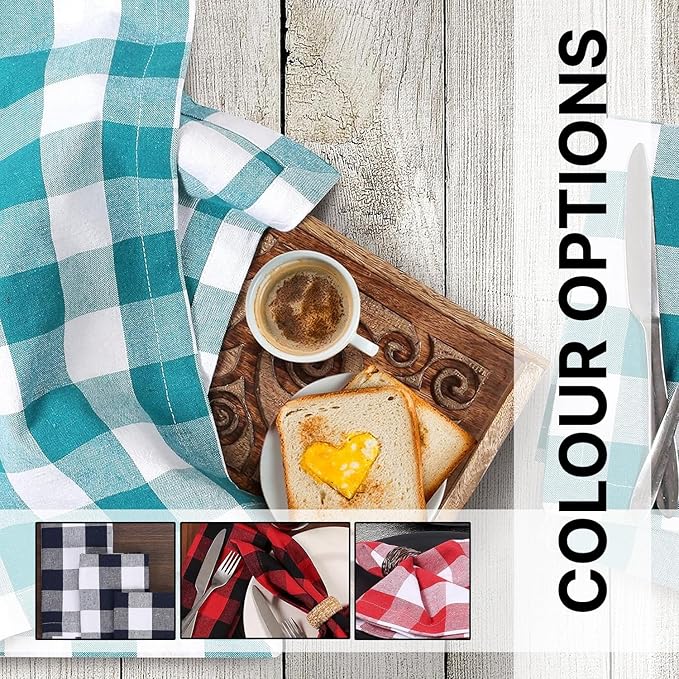 LFH Home 100% Cotton Cloth Reusable Dinner Napkins Set of 12 Washable Soft Decorative Buffalo Plaid Gingham and Checkered Table Napkins for Holidays Wedding Farmhouse Decor 18x18 Inch-Teal & White