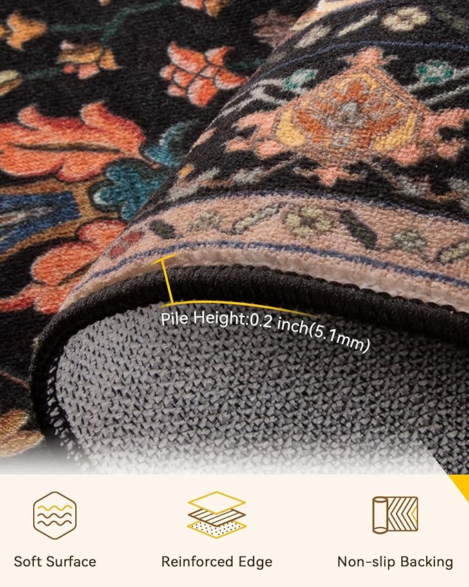 Area Rugs Square 6ft Washable Non-Slip, Floral Vintage Distress Print Pattern Medallion Carpet for Living Room Bedroom Dining Room, Black Colorful Floral Dark Tan