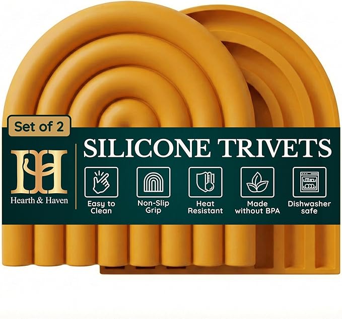 Silicone Trivets for Hot Dishes, Heat-Resistant, Non-Slip Pot Holders for Kitchen & Coasters Durable Hot Pads for Pots, Pans, Baking Dishes & Kitchen Appliances Set of 2 Honey Mustard