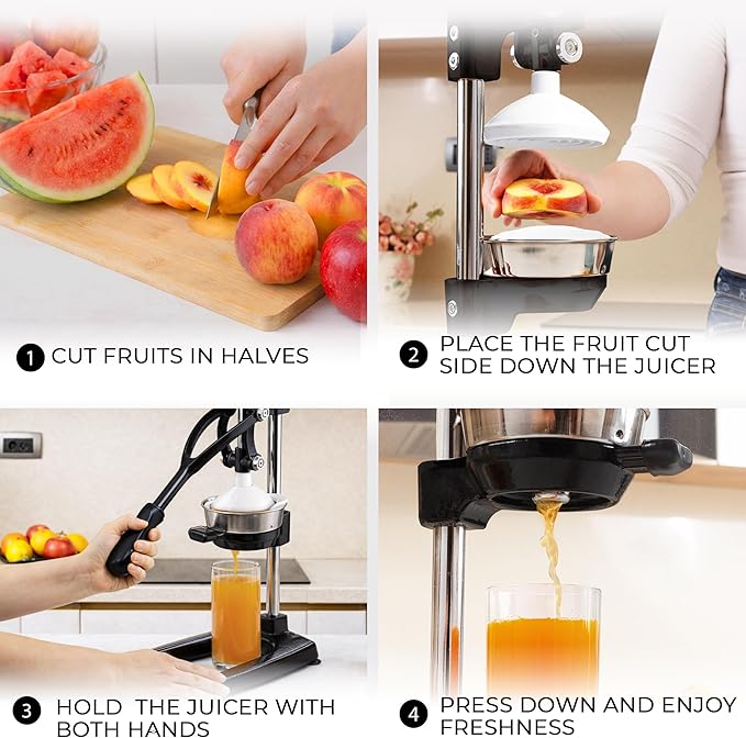 Zulay Kitchen 9 in 1 Cast Iron Juicer - Easy-to-Clean Heavy-Duty Manual Juicer with Presser Attachment to Juice All Types of Fruits! Extra Tall with Stainless Steel Bowl - Black