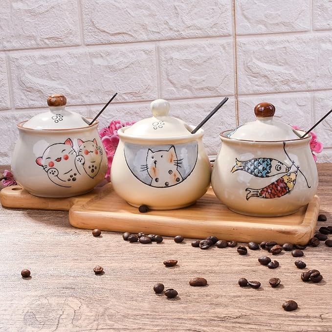 Ceramic Sugar Bowl with Lid and Spoon, Japanese Sugar Bowl with Spoon and Lid (Style 3)