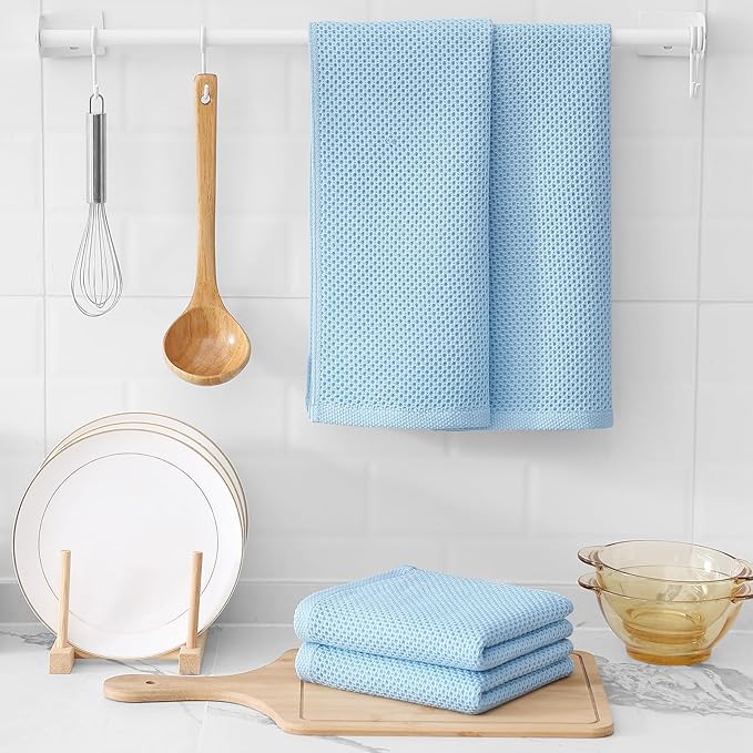 Kitinjoy 100% Cotton Waffle Weave Kitchen Towels (13 X 28 Inches, Sky Blue), 8-Pack Super Soft and Absorbent Dish Towels for Drying Dishes, Kitchen Hand Towels