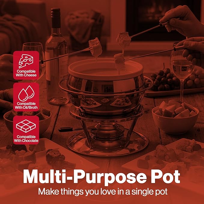 Swissmar Zuri 11-Piece Stainless Steel 3-in-1 Fondue Set - Ideal for Melting Cheese, Chocolate, Butter, & More - Perfect for Kitchen Collection & Wedding Gift Giving, 2.25 Quarts / 2.2 Liter