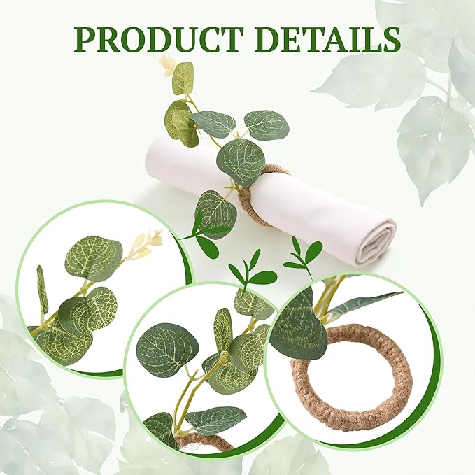 APTWOW Spring Napkin Rings Set of 12, Boho Eucalyptus Leaf Napkins Rings, Farmhouse Easter Napkin Holder for Weddings Christmas Party Table Decor