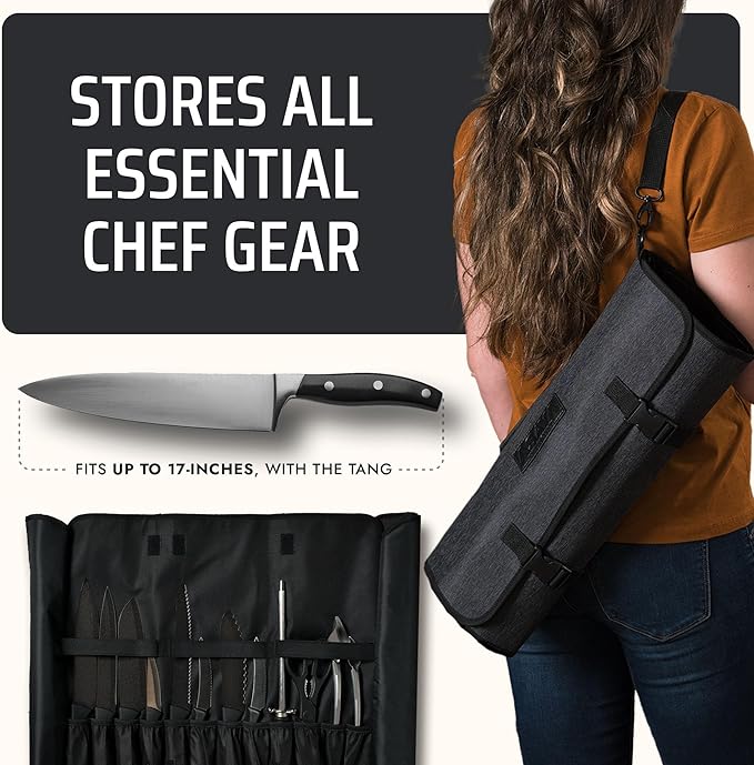 Asaya Chef Knife Roll Bag - 20 Total Pockets for Knives and Kitchen Utensils - Made with Stain Resistant Waxed Nylon - For Chefs and Culinary Students - Knives Not Included(Black)