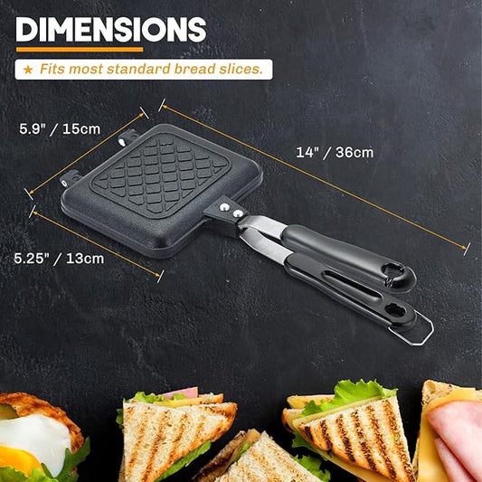 NATGAI Sandwich Maker Pan, Grilled Panini Press with Non-Stick Double Sided Flip Frying Pan, Stovetop Toasted Cheese Sandwich Maker for Home Kitchen Breakfast Camping, 5.9" L x 14" H