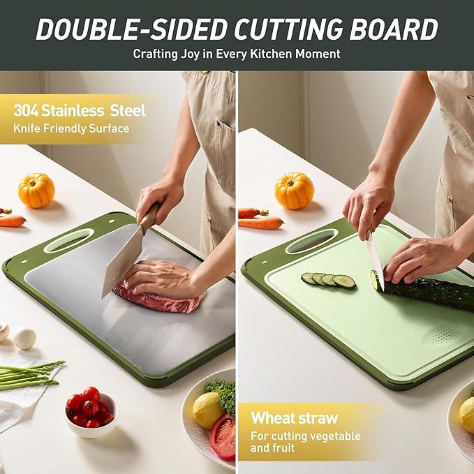 2 in 1 Stainless Steel Cutting Board with Handle 2 Packs Metal Chopping Board Solid Thick Wood Juice Groove Chopping Board Small Big Xl XXl xlarge Oversized Kitchen Counter Organic Vegetable Meat Kit