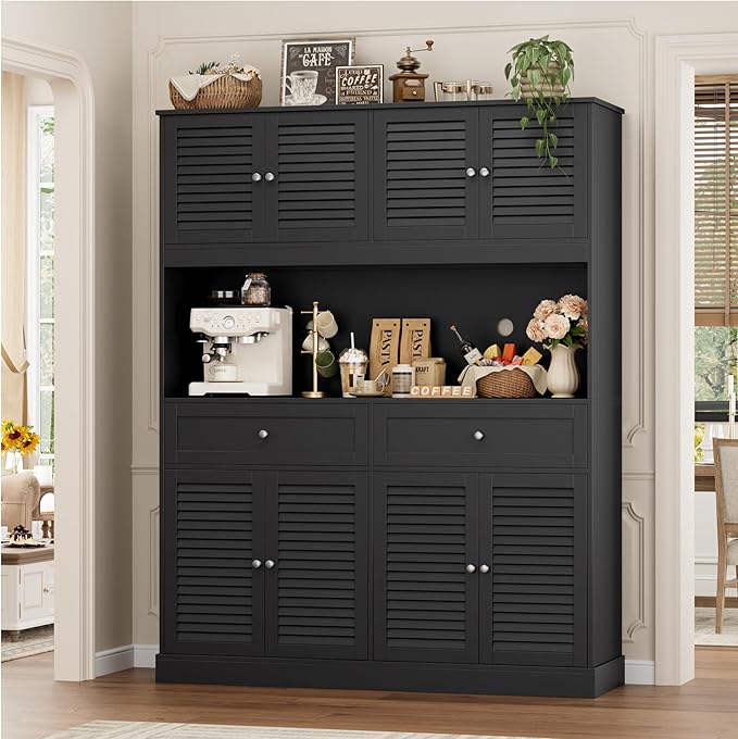 HIFIT 71" Hx55''W Large Kitchen Hutch Storage Cabinet, Farmhouse Coffee Bar Hutch with Microwave Stand, Tall Kitchen Pantry Cabinet with Louvered Doors, 2 Cable Holes, 2 Drawers, Black