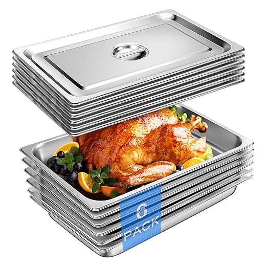 Full Size Hotel Pan With Lids 2-1/2 Inch Deep Stainless Steel Chafing Dishes for Buffet, Steam Table Pan, Metal Commercial Food Pans for Food Prep/Serving (6 Pack, Full Size 1/1 x 2-1/2" Deep)
