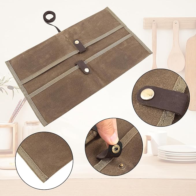 Double Knife Roll for Chefs,Waxed Canvas Vertical Knife Storage Case,Travel Carry-On Roll Bag,Rectangular Protector Sheath Pouch Organizer for Chef Kitchen Cutlery Knives Accessories,Cooking Tool