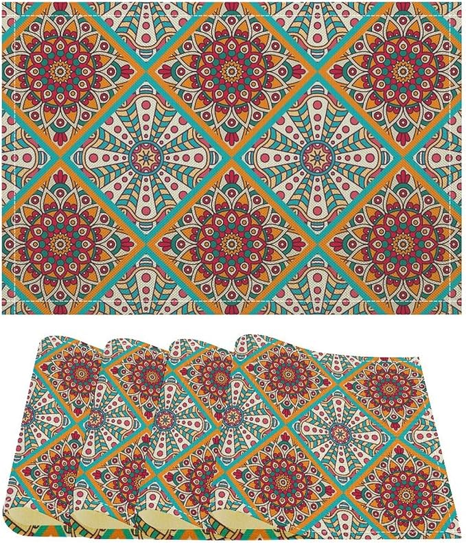 Boho Mandala Placemats Set of 4 Mexican Ethnic Traditional Pattern with Geometric Plaids Abstract Flower for Restaurant Home Kitchen Holiday Picnic Party Decor 12x18in