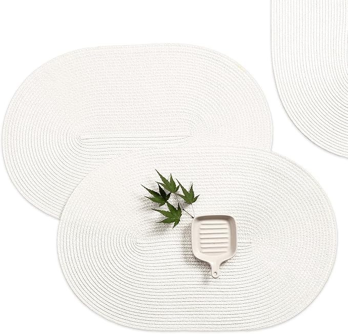 AHHFSMEI Placemats Set of 4 for Dining Table Washable Woven Non-Slip 18x12 inches Placemat Heat-Resistant Durable Table Mats for Dining Table Easy to Clean (Oval White, 4)
