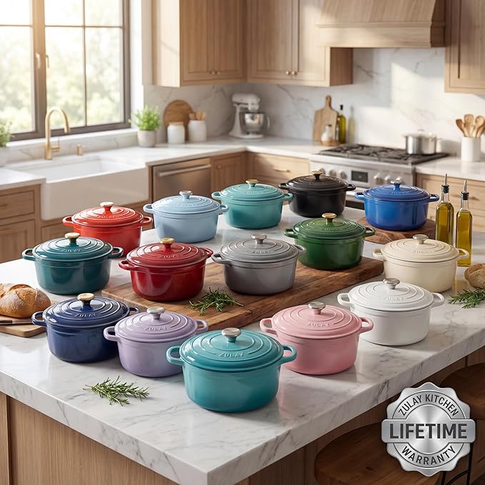 Zulay Kitchen 6 Quart Enameled Cast Iron Dutch Oven with Lid – Premium Durability & Oven Safe up to 500°F – Heavy Duty Cookware Perfect for Bread Baking, Stews, Braising & Roasting – Light Blue