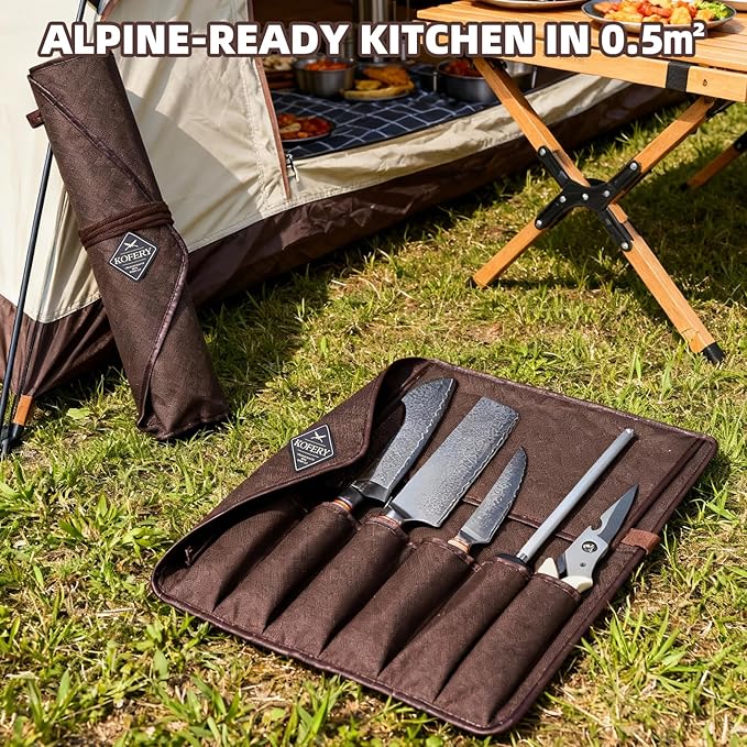 KOFERY Hand Forged Damascus Chef Knife Set with Roll Bag and Sharpener - Ideal for Culinary, Camping and BBQ(Natural-Wood Handle)