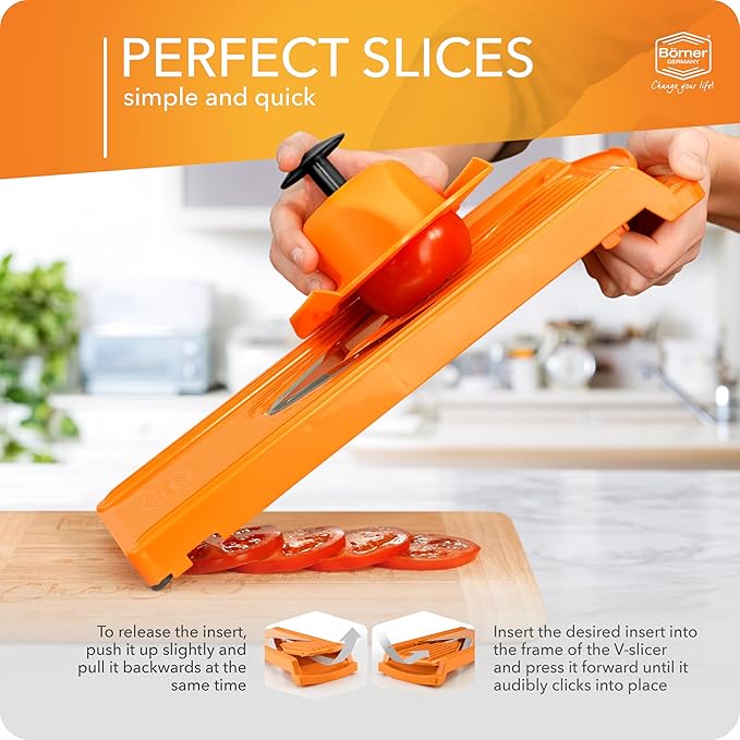 Börner Mandoline Slicer V3 (Basic Set) • V-Slicer for Vegetables & Fruits • Adjustable Kitchen Slicer • 3 Thickness Settings • With Rubber Feet & Stainless Steel V-Blade • Color: Orange