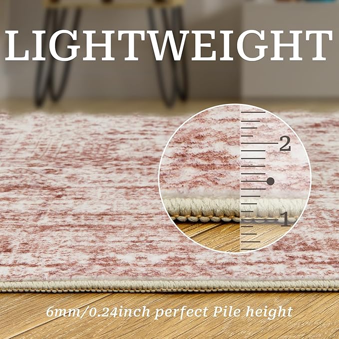 Rug Runners for Hallways Non Slip - 2x8 Runner Rug for Bedroom, Washable Runner with Rubber Backing, Soft Low-Pile Carpet for Kitchen, Laundry, Bathroom (2'x8', Pink/Ivory)