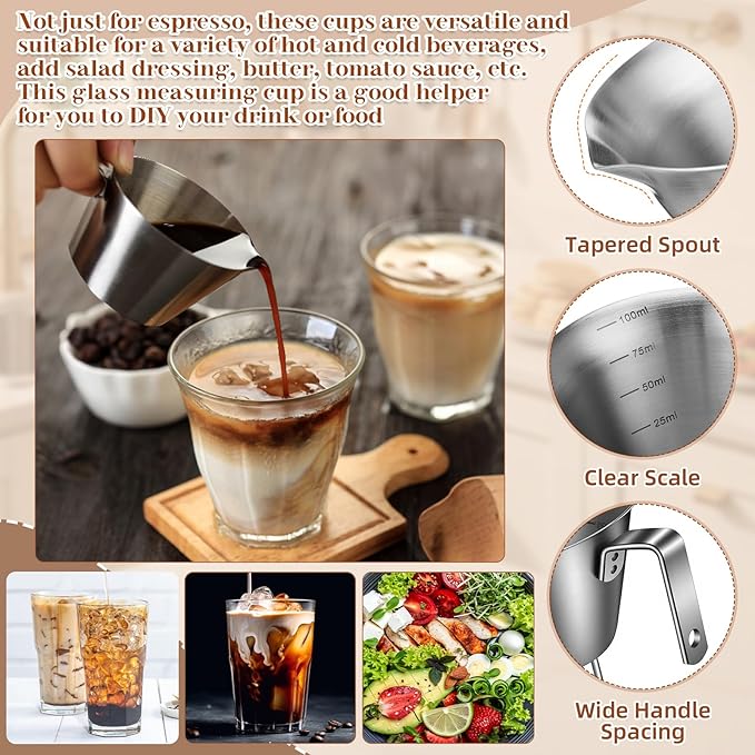 4 Pcs Espresso Accessories Kit with Espresso Cups with Handle, Milk Frothing Pitcher and Latte Art Pen Stainless Steel Cappuccino Machine Accessories for Coffee Bar(Silver,100ml, 350ml)