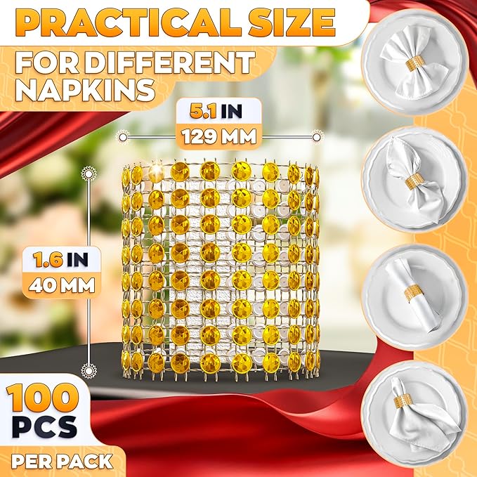 Set of 100 Gold Napkin Rings – Rhinestone Napkin Ring Holders for Weddings, Parties, Fall Events & Table Decorations for Dinner Parties | Durable & Reusable, Great as Elegant Kitchen Gifts for Hosts