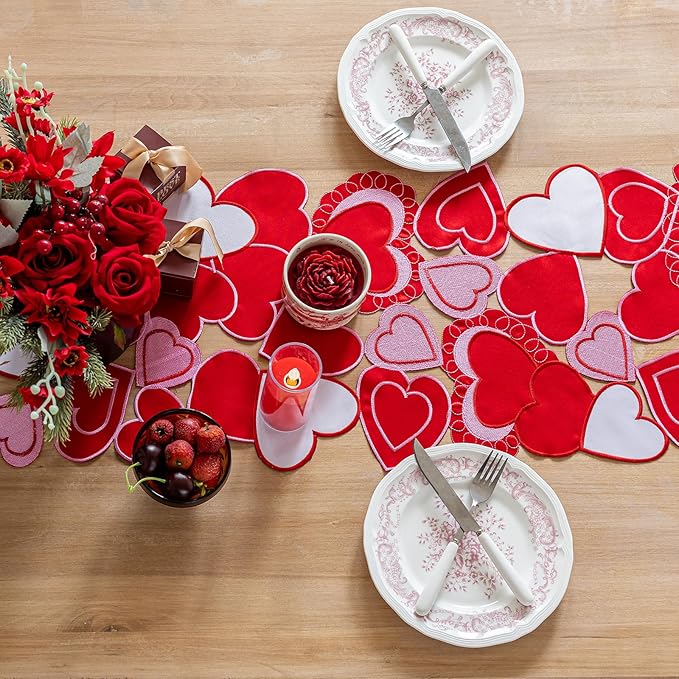 Valentines Day Table Runner, Embroidered Sweet Red Love Heart Table Runners, for Mother’s Day, Wedding Anniversary, Marriage Proposals, Engagements, Romantic Events Parties Decoration (14 ×33 inch)