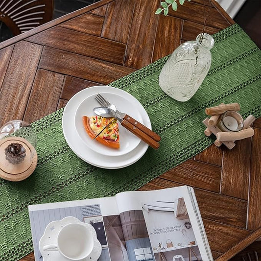 Alynsehom Macrame Table Runner Green Boho Table Runners with Tassels Hand Woven Cotton Table Runner Rustic Farmhouse Table Runners for Bohemian Kitchen Dining Table(12x36in)