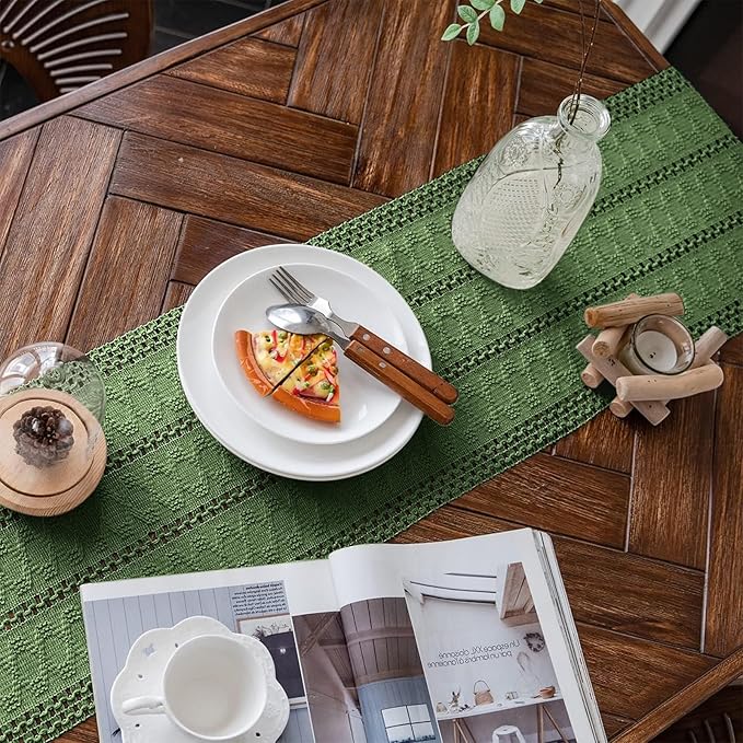Alynsehom Macrame Table Runner Green Boho Table Runners with Tassels Hand Woven Cotton Table Runner Rustic Farmhouse Table Runners for Bohemian Kitchen Dining Table(12x108in)