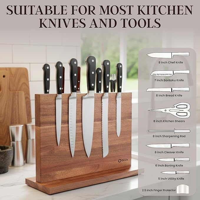 Magnetic Knife Block Double Sided, Magnetic Knife Holder for Kitchen Counter, Acacia Wood Knife Block Without Knives with Anti-Skid Base