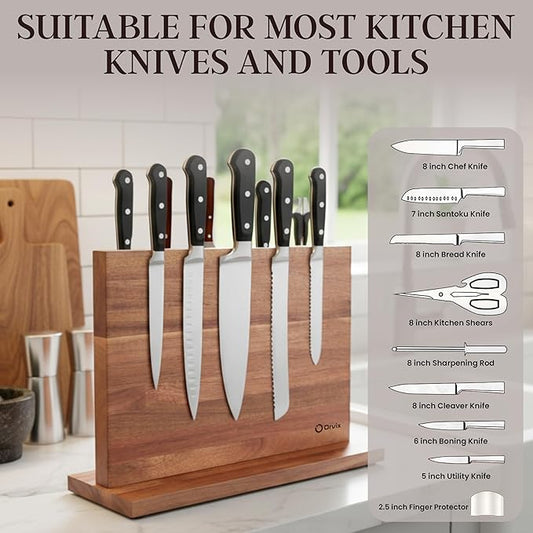 Magnetic Knife Block Double Sided, Magnetic Knife Holder for Kitchen Counter, Acacia Wood Knife Block Without Knives with Anti-Skid Base