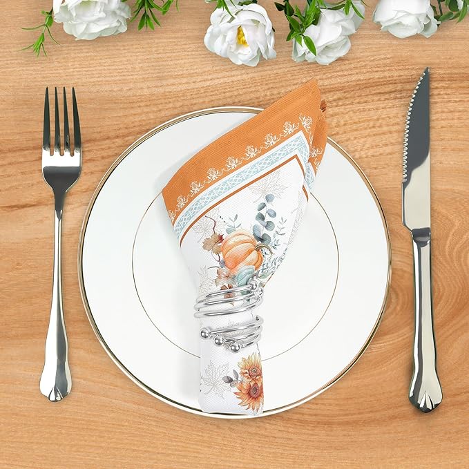 Fall Pumpkin Napkins, 18×18 Inch Dinner Cloth Napkins Set of 12, Washable Cotton Soft Absorbent Square Table Top Decoration for Dining Kitchen Party Wedding