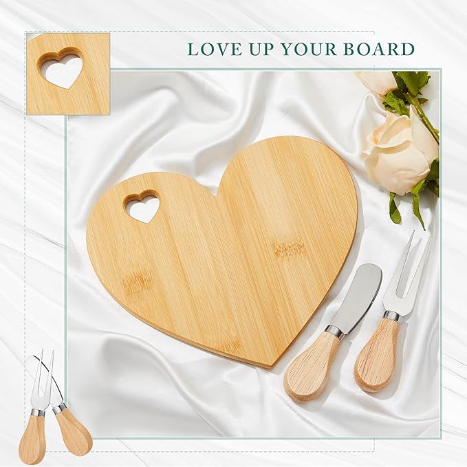 Patelai 12 Set Bridal Baby Shower Favor Heart Cheese Board with Knife, Wood Mini Charcuterie Board Thank You Gift Box for Guest Bridal Baby Shower Prize Wedding Valentines Birthday (Bamboo Color)