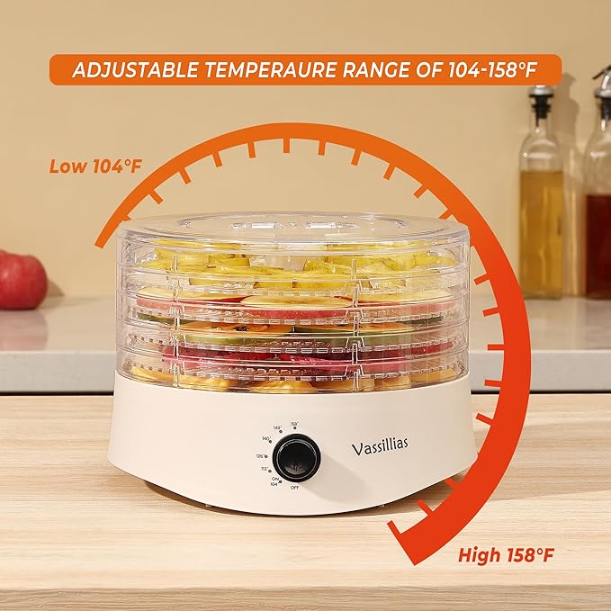 Small Food Dehydrator Dryer - Dehydrator for Healthy Food, Meat, Jerky, Fruit, Vegetable, Mushroom and Herb, 280W, 158°F, Mini Dryer with 5 BPA-Free Drying Racks and Slide Out Tray, White, Model 704M