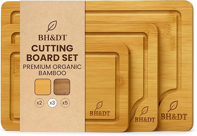 BH&DT bamboo cutting board set of 3,bamboo cutting boards for kitchen with juice groove, meat board cutting board with handle, chopping gift set,professional kitchen board,