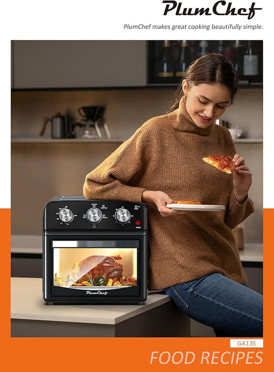 PlumChef 13 Quart 4 Slices Air Fryer Convection Toaster Oven for 3-4 Family, 1500W, Multifunction Oven for Air Fryer, Gril, Defrost, Bake, Time and Temperature Controls (Black)