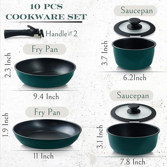 Moss & Stone Aluminum Pots And Pans Set Nonstick, Removable Handle Cookware, Stackable , Dishwasher Safe, Induction Camping Cookware Set. (10 Pieces Blue)