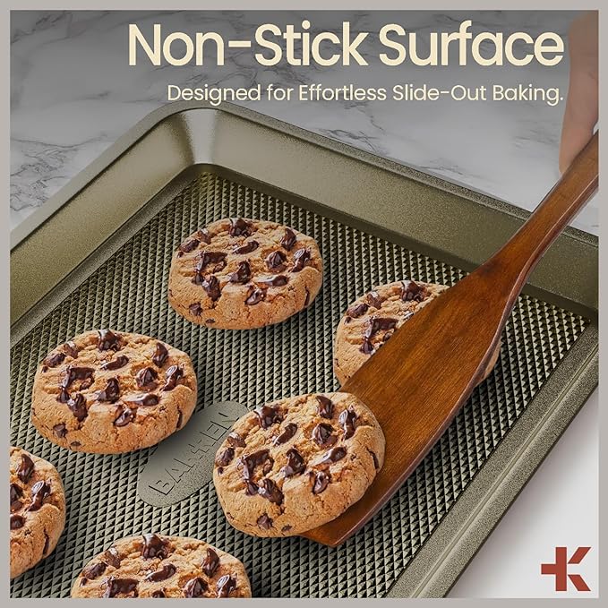 Diamond Bottom Cookie Sheet Set of 3, Nonstick Gold Carbon Steel Baking Pans for Crisp Baking, Space-Saving Stackable Trays, PFOA, PFOS, PTFE Free, Oven Safe Up to 450°F, Small, Medium & Large Sheets