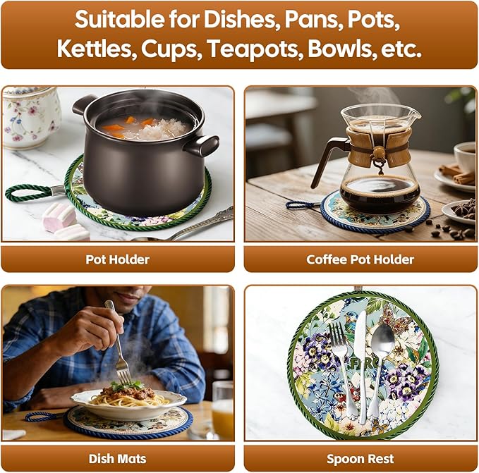 Ceramic Trivets for Hot Dishes,Anti-Slip with Heat Resistant Cork Trivet for Countertops and Tables,Protects Surfaces from Hot Pots,Pans,Cups,Decorative Coasters for Table,Dual-use,Portable Hanging