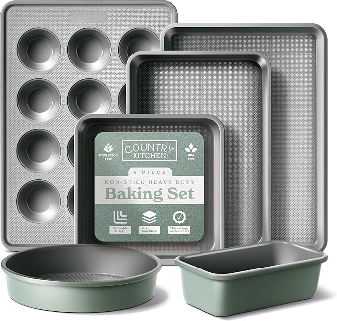 Country Kitchen Nonstick Stackable Bakeware Set - Durable, Easy Release Baking Set, Sage, 6 Pcs